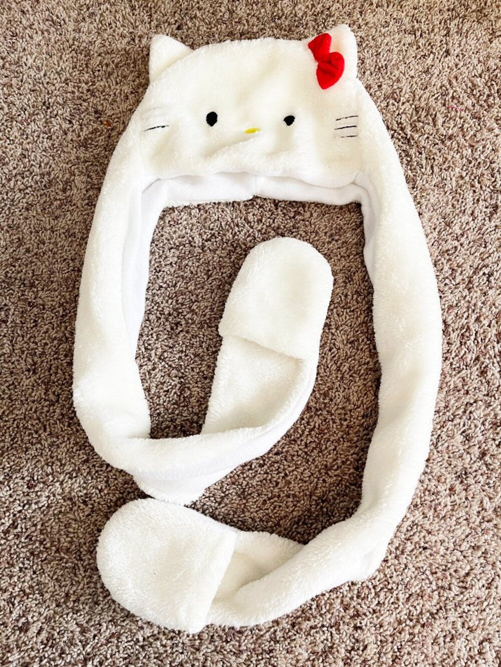 Kids White Plush Hello Kitty Hat Scarf Attached Mittens Red Bow Kawaii Winter